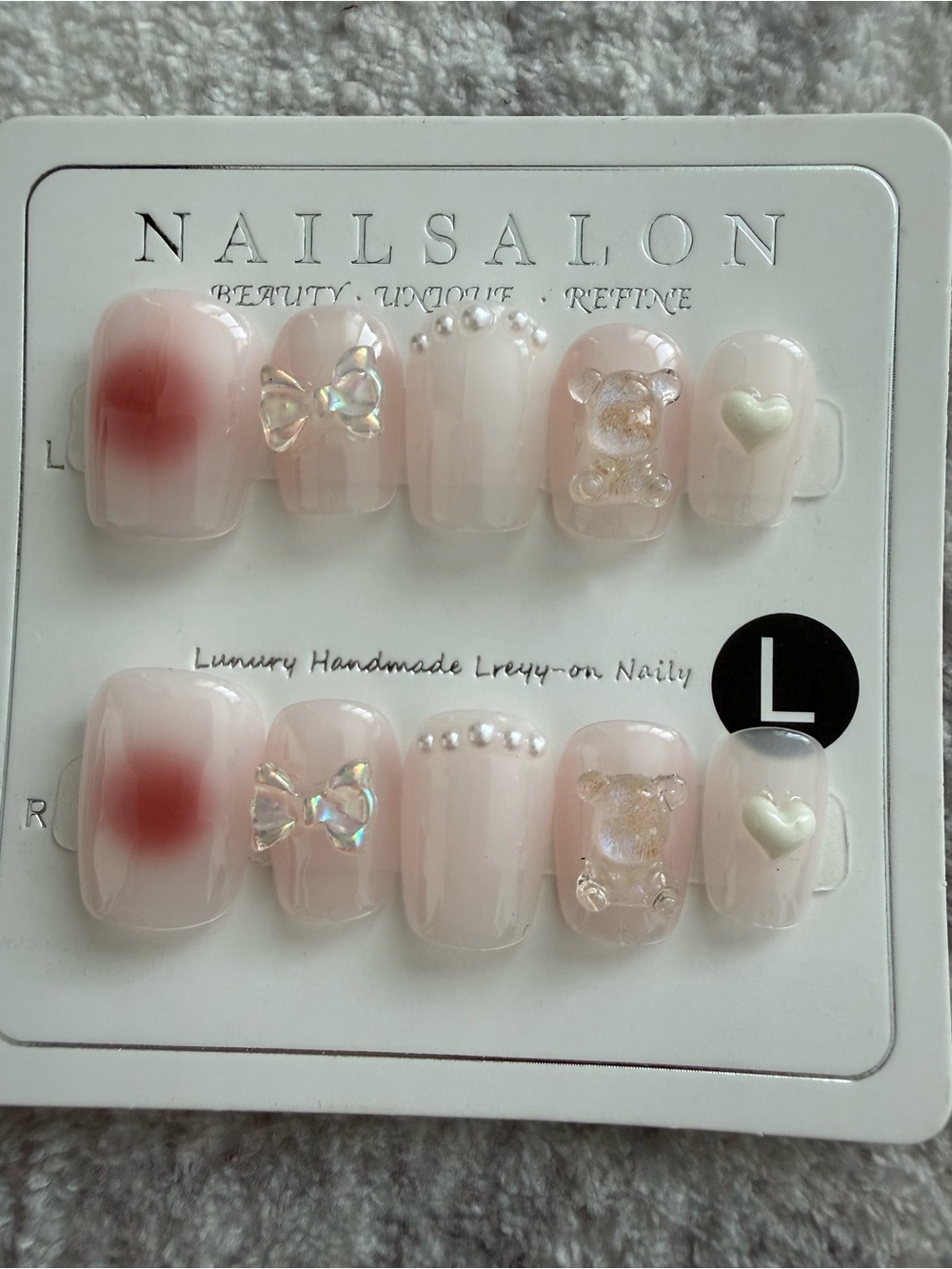 Cute 3D Bear & Bow Press-On Nails in Sheer Pink Large